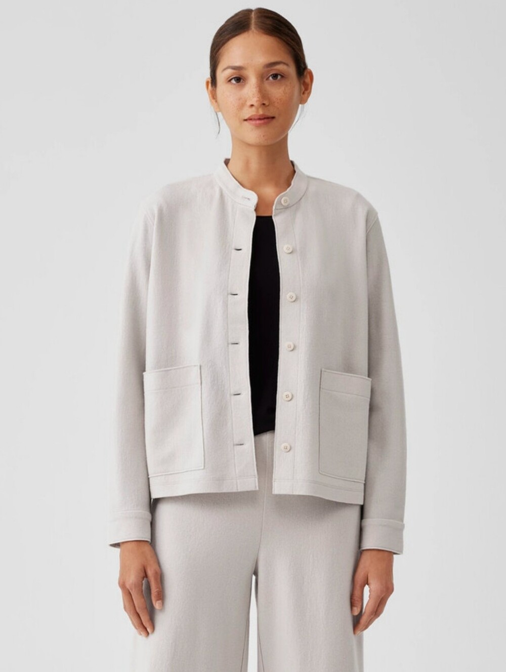 Eileen Fisher Boiled Wool Mandarin Collar Shirt Jacket